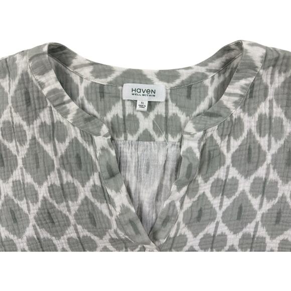 Talbots Haven Well Within Top Ikat Print Gauze SS VNeck 100% Organic Cotton XL - Picture 2 of 7